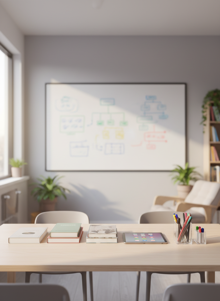 An inviting tutoring space centered on a large rectangular whiteboard mounted on a pale gray wall, filled not with legible writing but with softly blurred colored shapes implying diagrams, equations, and learning plans. Below, a clean birch table holds neatly arranged closed textbooks, a sleek tablet displaying abstract icons, and a transparent organizer of pens and highlighters. Natural afternoon light streams from the left, creating a bright yet soothing environment with minimal shadows. Captured in photographic realism from a slightly elevated angle, the composition follows the rule of thirds, emphasizing the organized, professional layout of the learning tools while the background recedes into a subtle, defocused study area.