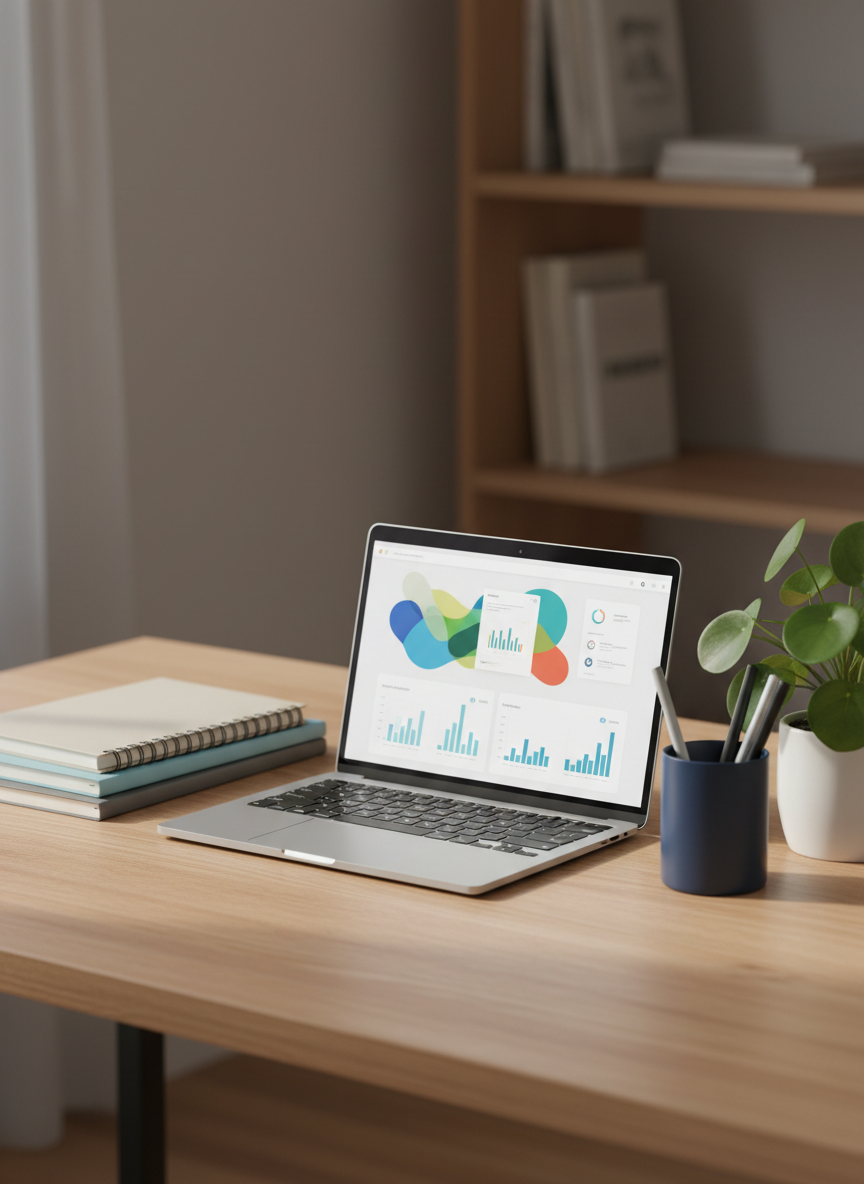 A modern learning workstation arranged for online tutoring, featuring a slim silver laptop open on a light oak desk, its screen displaying an abstract dashboard of colorful shapes suggesting progress charts and lesson modules without any readable text. Around it sit neatly stacked notebooks, a matte navy pen cup, and a small leafy plant in a white ceramic pot. Soft daylight pours through an unseen window, casting gentle, professional shadows and subtle reflections on the desk surface. Photographic realism at eye level, with a shallow depth of field that keeps the workspace in crisp focus while the background fades into a soft blur of shelves and neutral walls, creating a calm, trustworthy, and welcoming academic atmosphere.