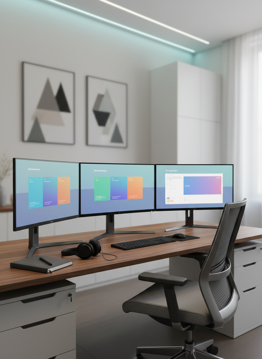 A quiet digital learning hub, with multiple slim monitors arranged in a gentle curve on a walnut desk, each screen glowing with non-text, color-blocked interfaces suggesting virtual classrooms and tutoring sessions. A comfortable ergonomic chair is pulled slightly back, and a pair of wireless headphones rests beside a closed, graphite-gray notebook. Cool, diffused LED lighting from overhead combines with faint window light from the right, creating a balanced, low-glare environment suited for focused study. Photographic realism with a wide-angle, slightly elevated view captures the full workstation and its tidy surroundings, while the background softly blurs into storage cabinets and muted wall art, giving a tech-forward yet approachable and professional feel.