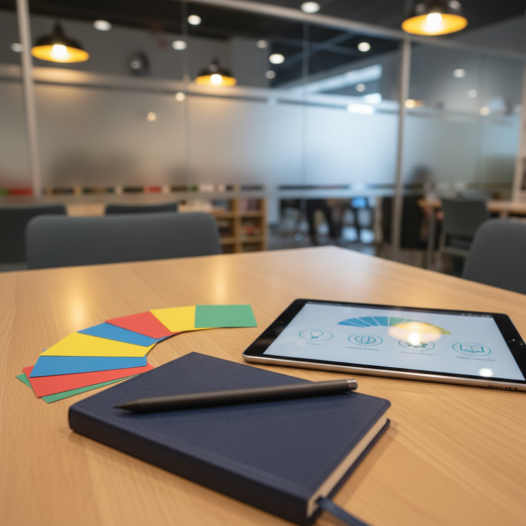A close-up, photographic-realistic scene of collaborative learning tools on a smooth maple table: color-coded index cards fanned neatly, a slim graphite tablet stylus resting across a dark blue notebook, and a tablet displaying an abstract progress bar and icon-based course modules without any actual text. A frosted glass divider behind the table hints at a larger tutoring center beyond, kept intentionally blurred. Warm pendant lighting overhead casts soft pools of light and delicate reflections on the tablet’s screen, creating a focused, encouraging mood. Shot from a slightly elevated, three-quarter angle with shallow depth of field, the composition emphasizes organization, clarity, and the professional yet welcoming character of the learning service.